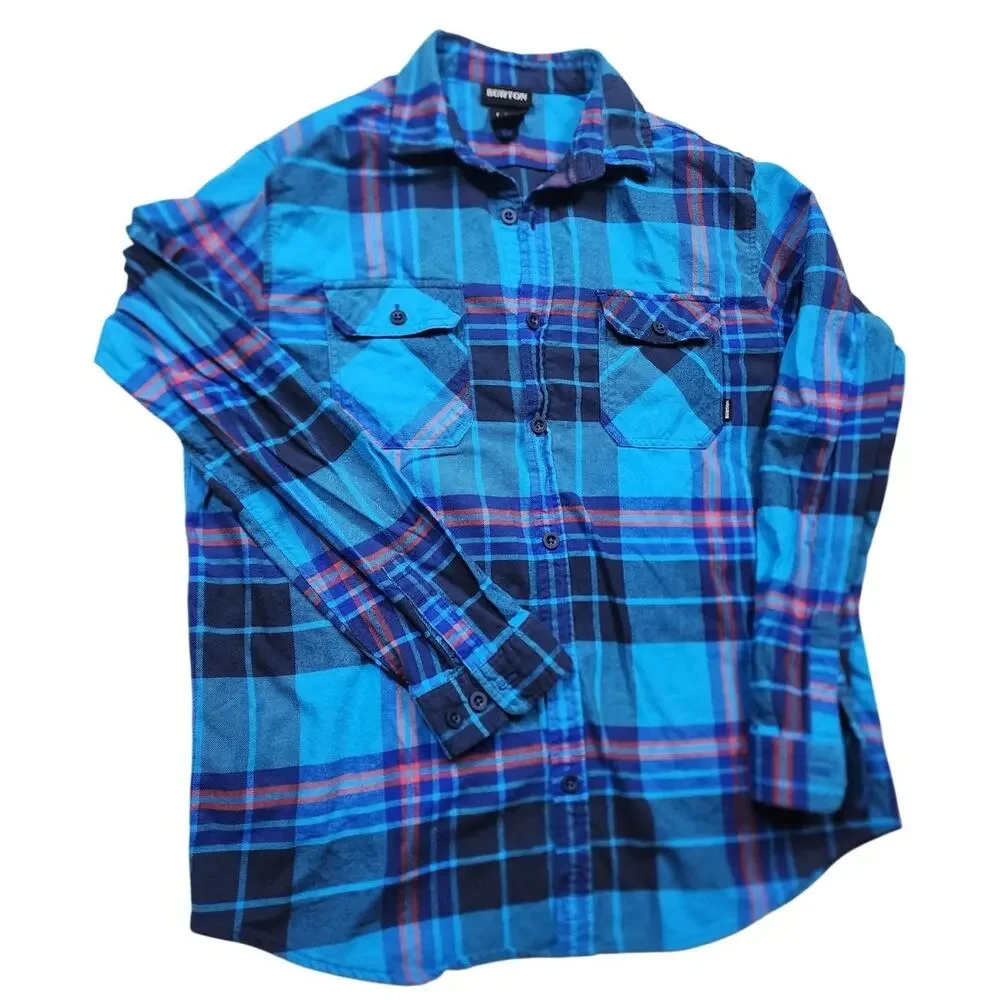 Burton Flannel Shirt Mens Large Blue Plaid Long Sleeve Button Skate Lumberjack - Picture 1 of 12